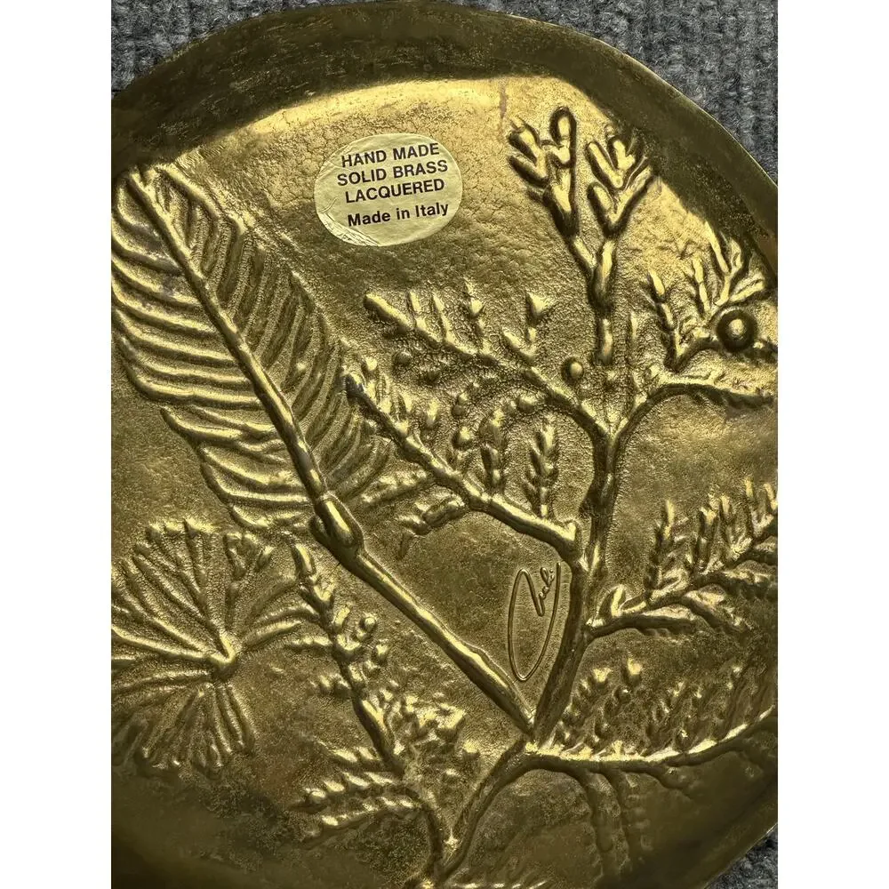 Vintage MCM brass botanical embossed trinket catchall dish Collini Italy footed
